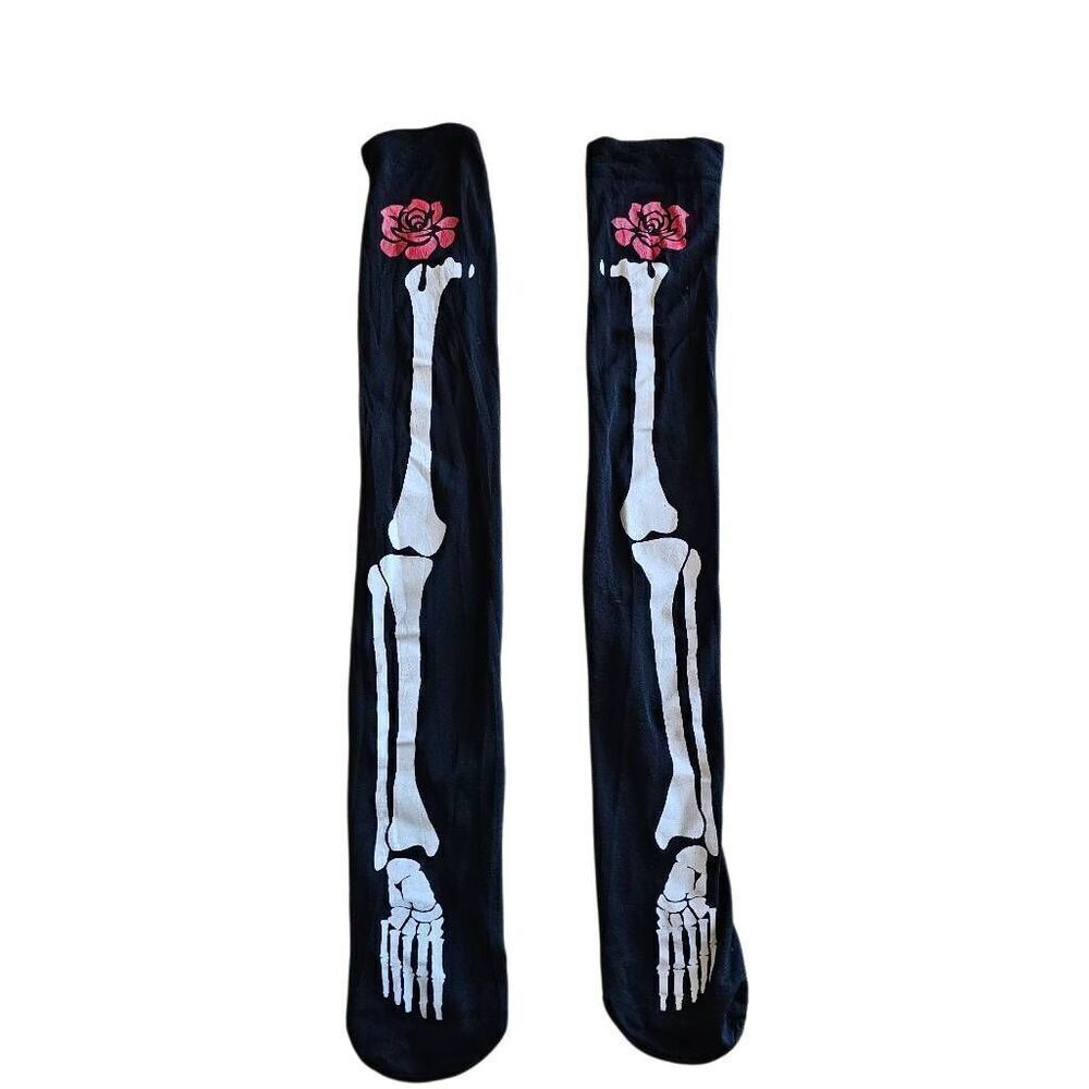 Skeleton bones and rose over the knee tights halloween